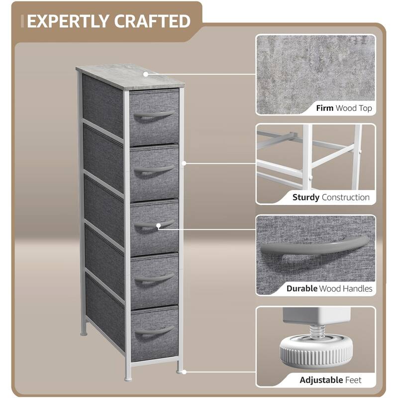 Sorbus Narrow Dresser with 5 Drawers - Vertical Slim Storage Chest of Drawers with Steel Frame, Wood Top & Easy Pull Fabric Bins
