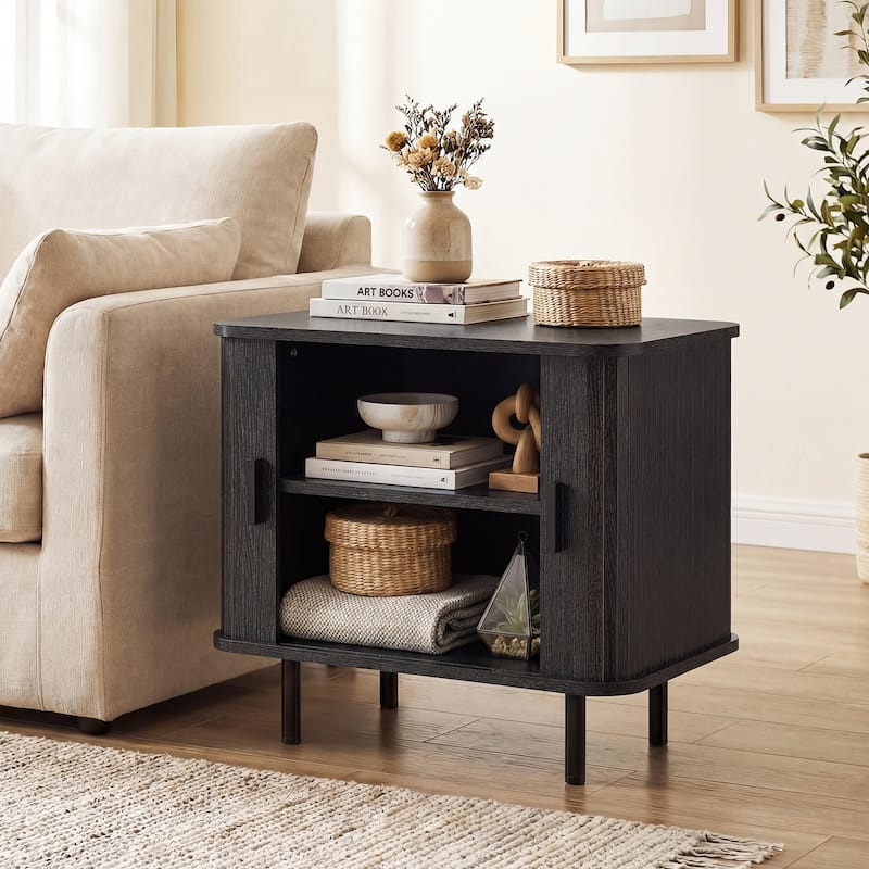 Gymax 2PCS End Table Mid Century Nightstand w/Sliding Tambour Doors &