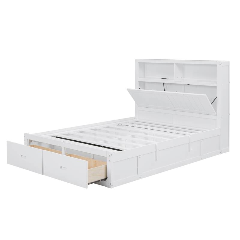 Full Size Hydraulic Platform Bed with Storage, LED Headboard, Charging Station, and 2 Drawers in White