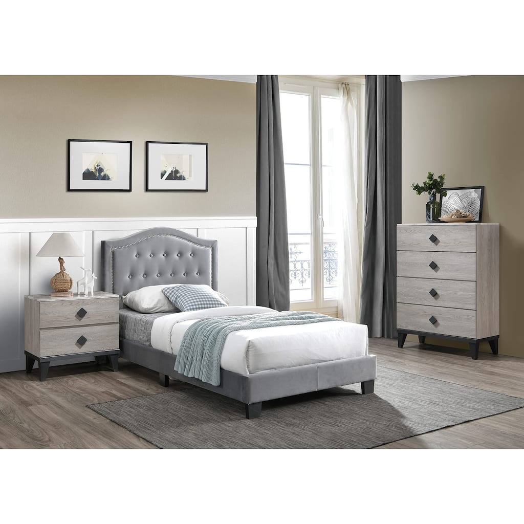 Gray Finish Bedroom Set Button Tufted Headboard Nailhead Trim