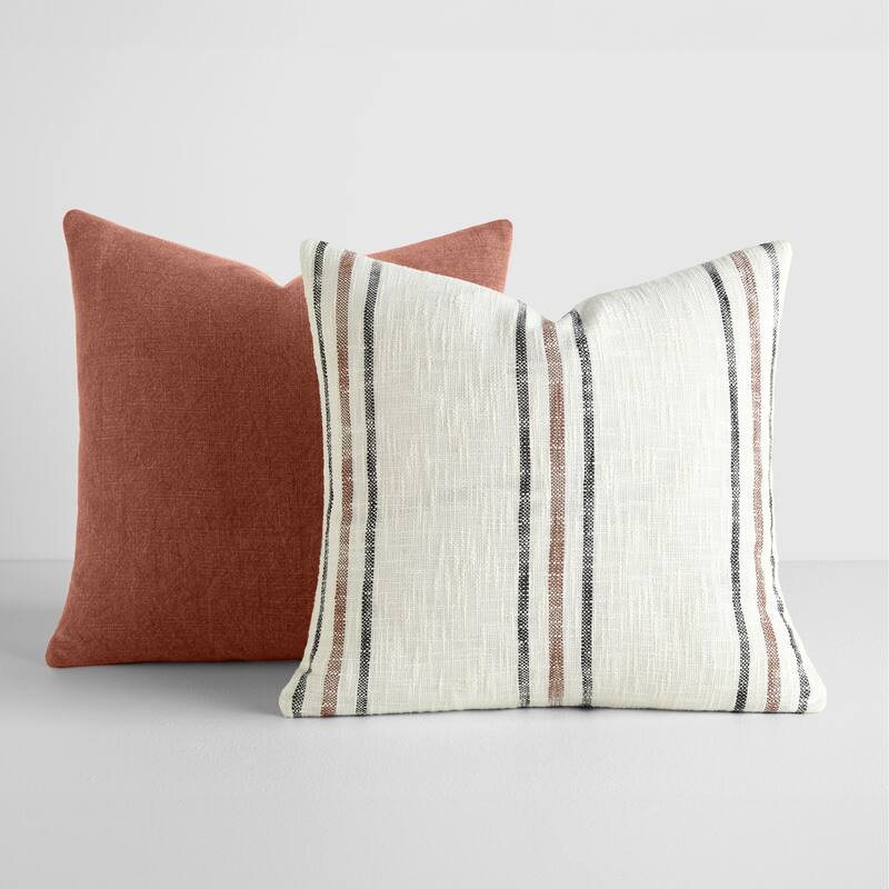 2-Pack Yarn-Dyed Patterns Decor Throw Pillows in Yarn-Dyed Framed Stripe / Solid - Burnt Orange