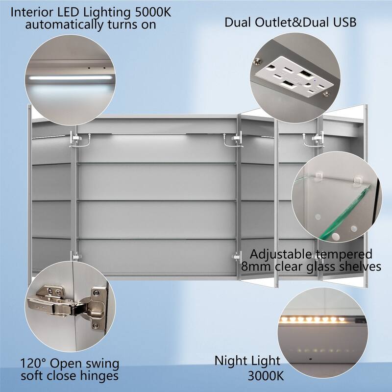 Aluminum Surface/Recessed Mount LED Medicine Cabinet with Mirror, Outlet and Shelves