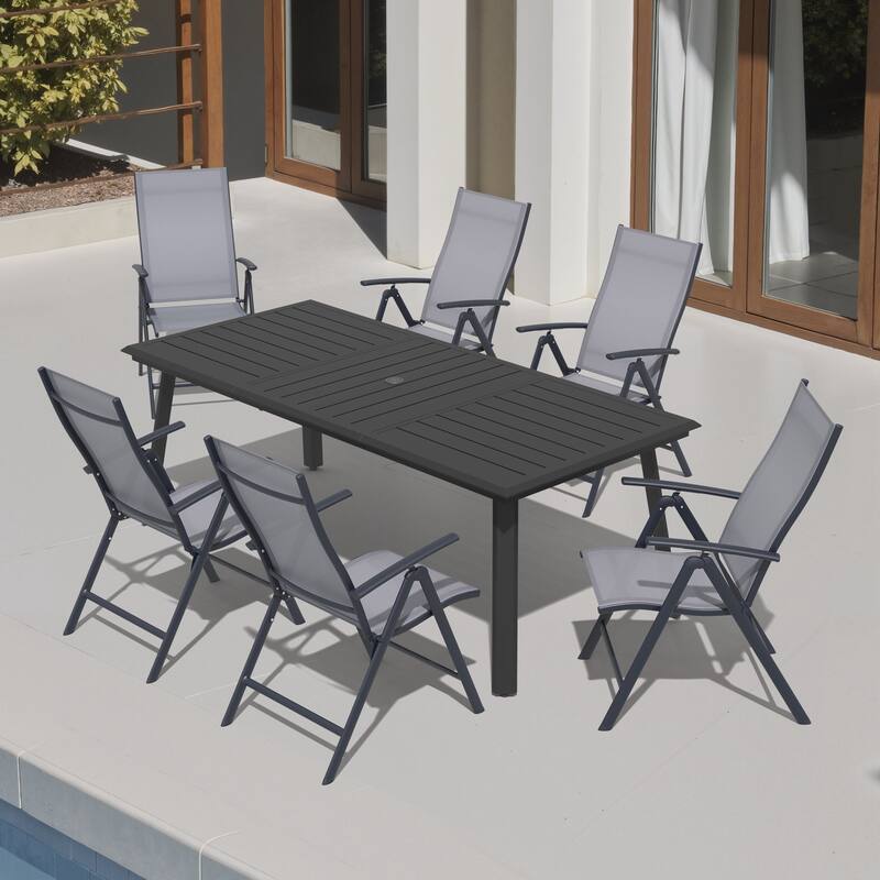 7PCS Outdoor Dining Set Aluminum Dining Table with Umbrella Hole and Adjustable Folding Chairs - Grey