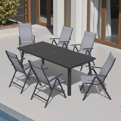 7PCS Outdoor Dining Set Aluminum Dining Table with Umbrella Hole and Adjustable Folding Chairs