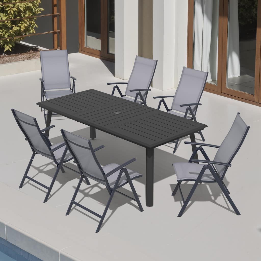7PCS Outdoor Dining Set Aluminum Dining Table with Umbrella Hole and Adjustable Folding Chairs