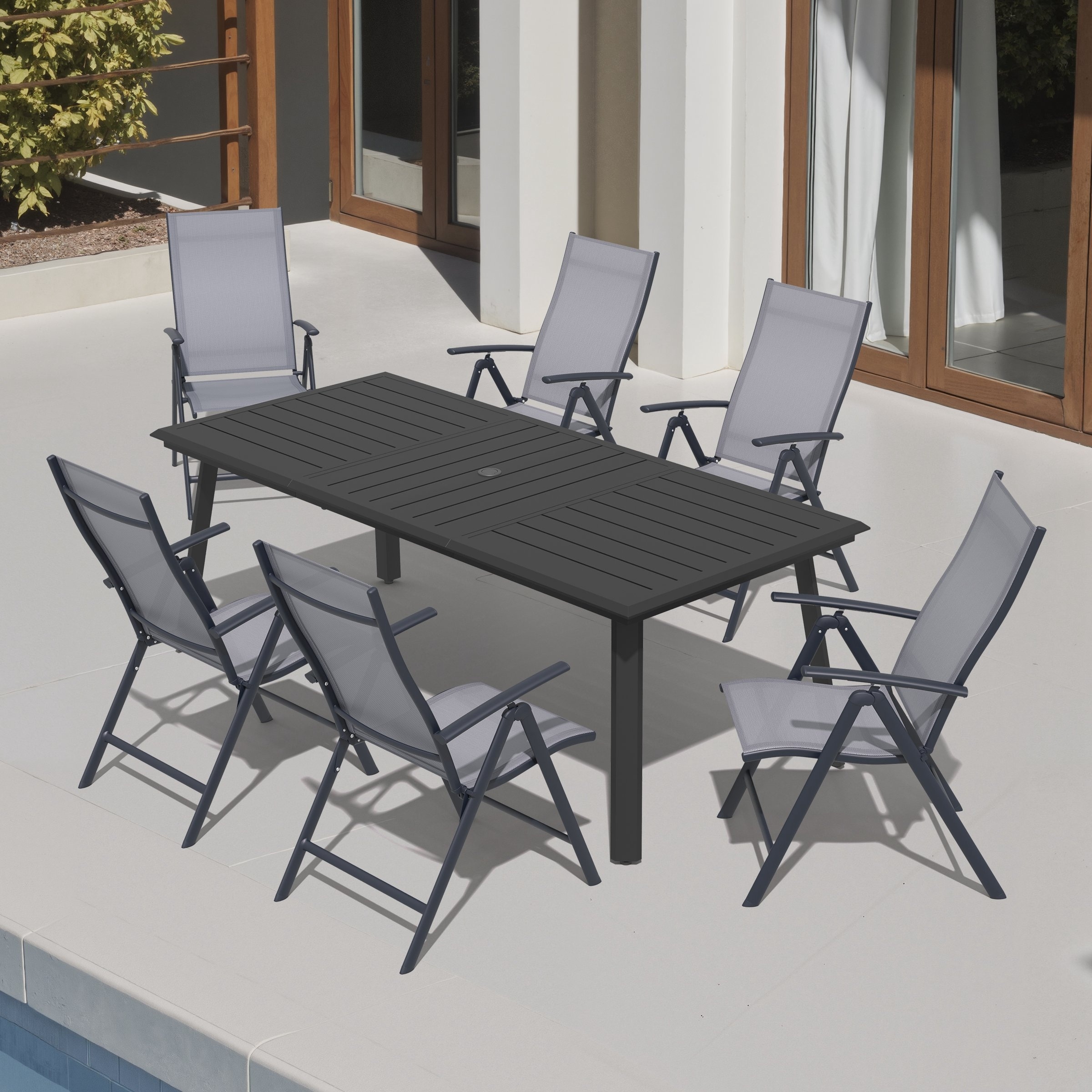 7PCS Outdoor Dining Set Aluminum Dining Table with Umbrella Hole and Adjustable Folding Chairs