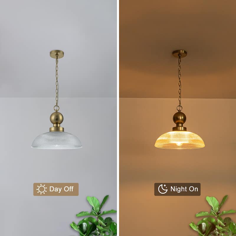 1-Light Gold Pendant Light Shallow Half-Dome Textured Grid Glass Shade - Dia.15.75-in