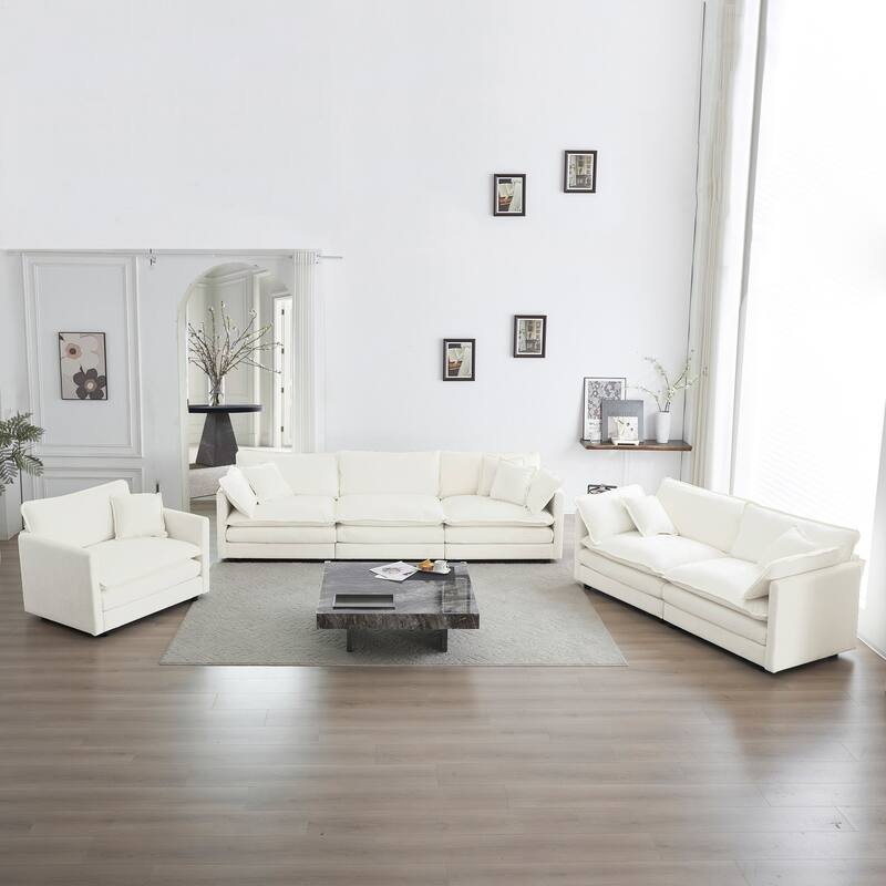 6-Seat Chenille Sectional Sofa Set (3+2+1) with Deep Seats - White