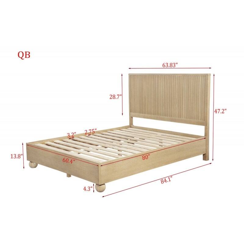 Queen Size Light Oak Wooden Platform Bed with Fluted Headboard