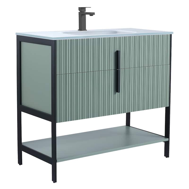 Fine Fixtures Serenity Modern Bathroom Vanity with White Glass Top - Mint Green - Black Hardware - 36 inch