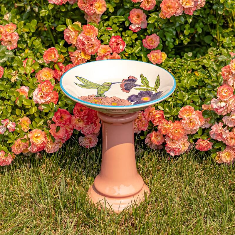 15 Inch Tall Porcelain Pedestal Birdbath - 13"x13"x15" - Pink