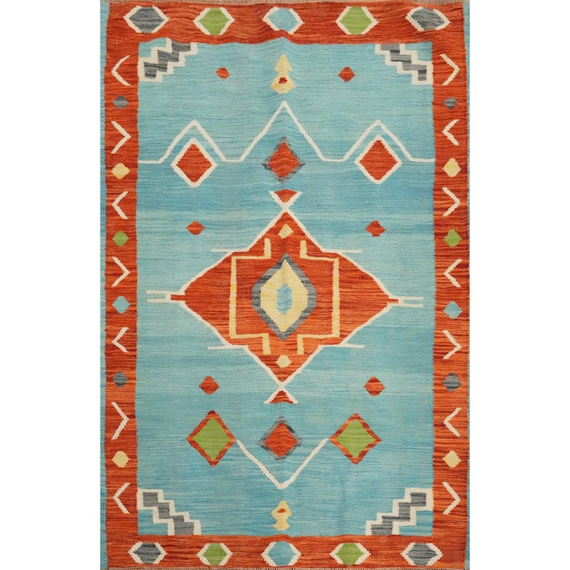 Hand Woven Oriental 100% Wool Carpet Southwestern Tribal Navy Blue & Blues Kilim Area Rug - 5' 10'' X 4' 0''