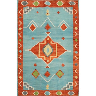 Hand Woven Oriental 100% Wool Carpet Southwestern Tribal Navy Blue & Blues Kilim Area Rug - 5' 10'' X 4' 0''