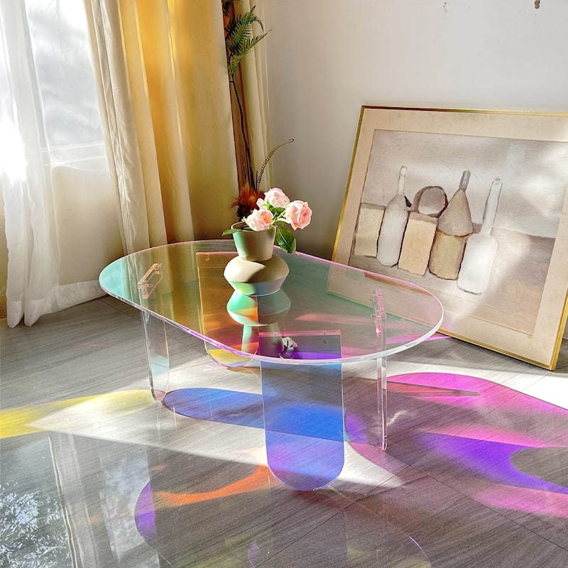 Acrylic Colorful Coffee Table Iridescent Glass End Table Side Table - 38"x20"x15" - 38"x20"x15"