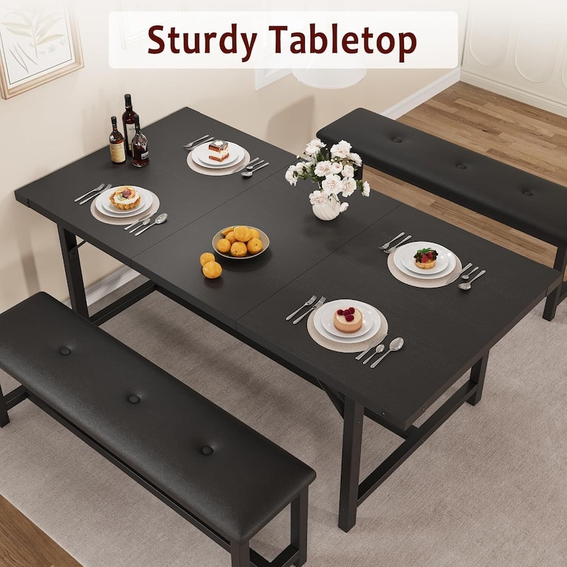 Extendable Kitchen Dining Table Set with 2 Upholstered Benche for 4 for Kitchen, Apartment, Studio