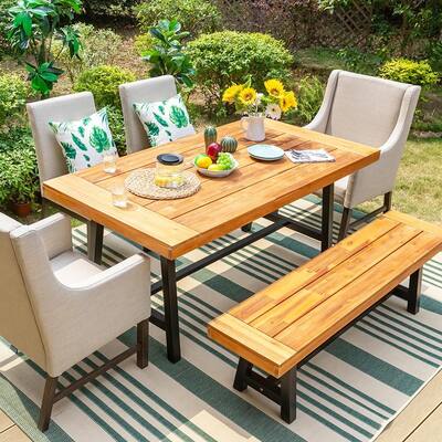 2-Piece Patio Wooden Dining Set，1 Wooden Table and 1 Wooden Bench