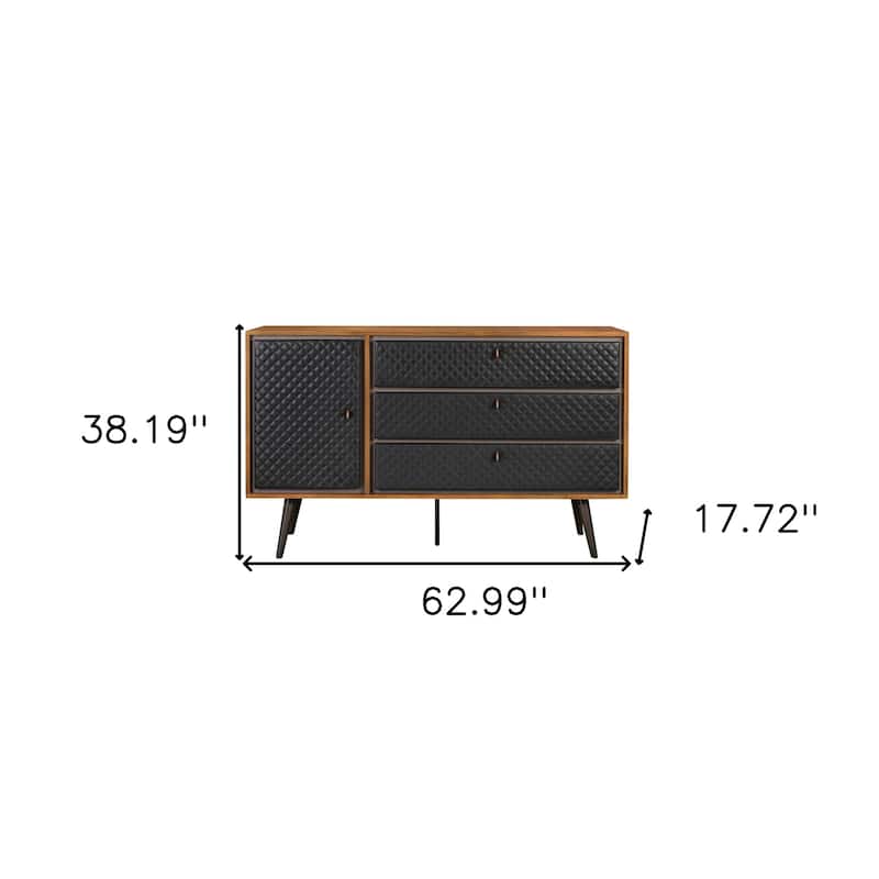 HomeRoots 63" Brown and Black Solid Wood Three Drawer Double Dresser
