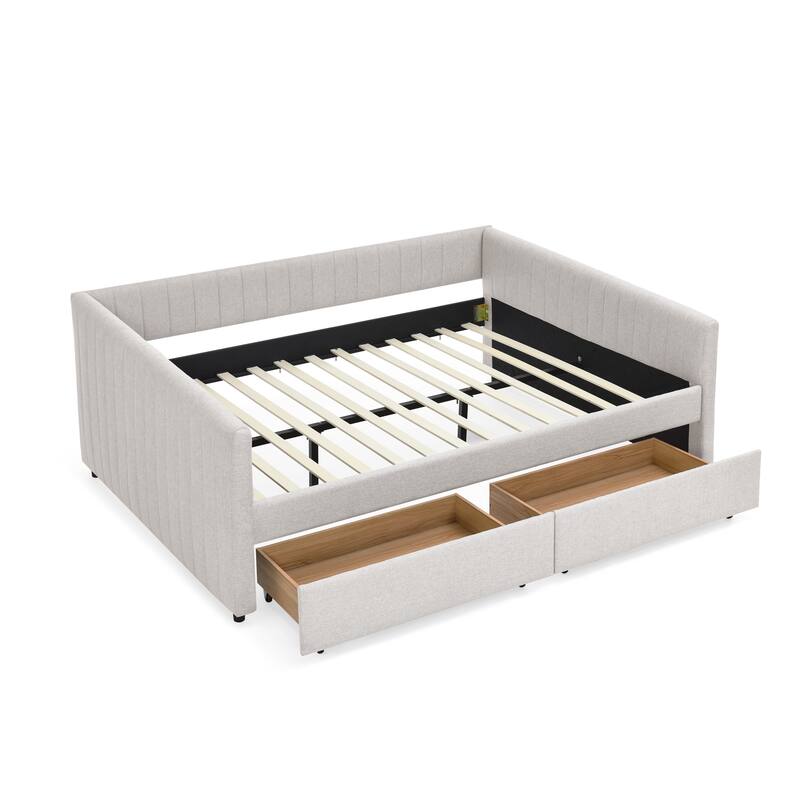 Vertical Stripe Linen Upholstered Sofa Bed Frame Queen Size Daybed U-shaped Captain Bed with Storage Drawers and Curved Arms