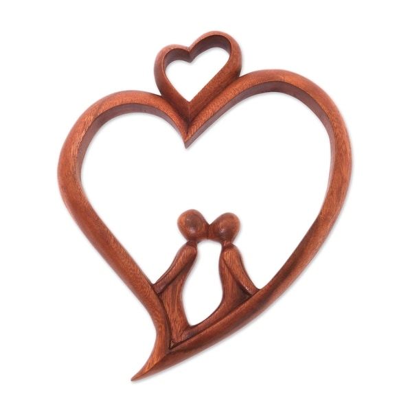 Handmade Lovestruck Wood Relief Panel (Indonesia) - 12.5" H x 10" W x 0.8" D. Opens flyout.