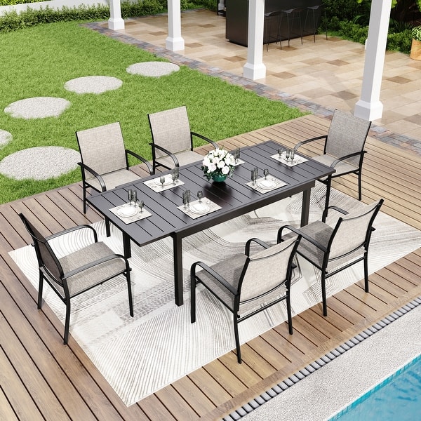 slide 2 of 15, MAISON ARTS 7/9-Piece Patio Dining Set with Metal Rectangle Expandable Table and 6/8 Textilene Dining Chairs 7-Piece Brown Chairs