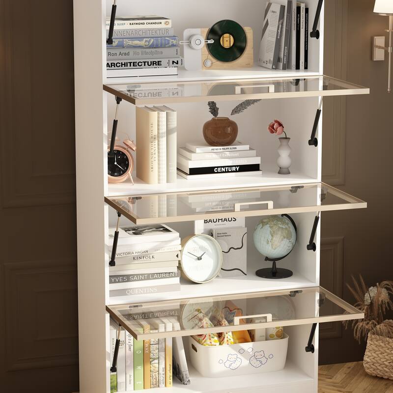 Stylish Aluminum Bookshelf with Four Hinged Doors and Strips Lighting