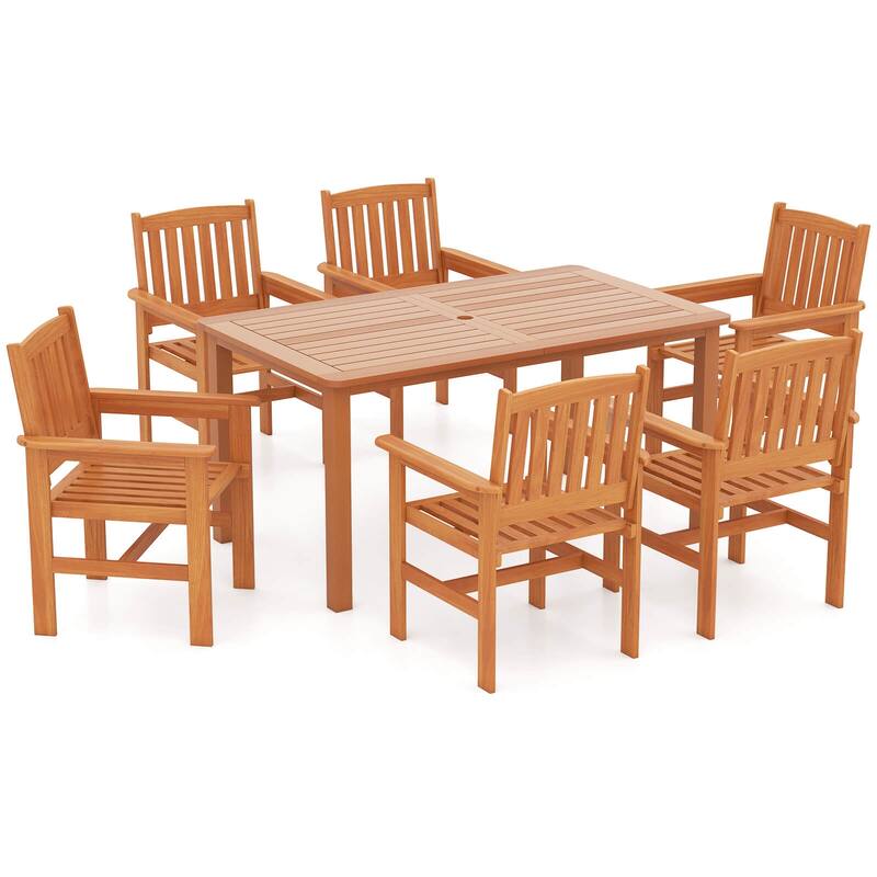 Costway 7 PCS Patio Wood Dining Table Set with 2” Umbrella Hole - See Details