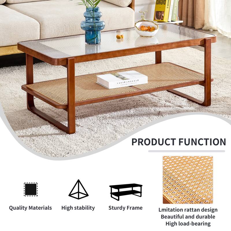 Roomfitters Walnut Solid Wood Coffee Table with Rattan Shelf, Glass Top Rectangle Tea Table for Living Room or Bedroom