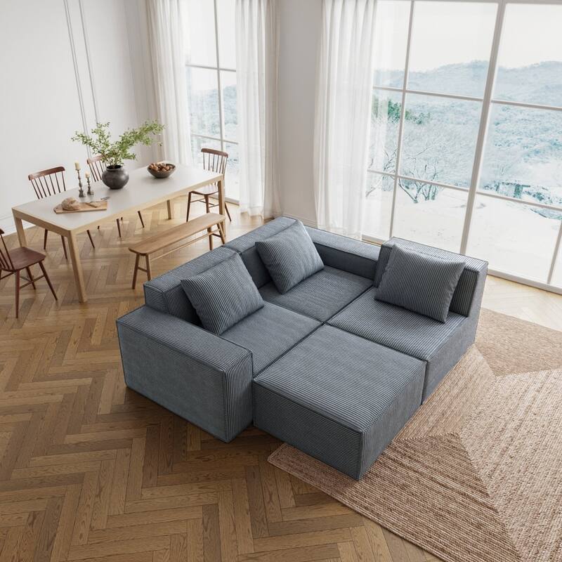 118Inch Modular Grey Soft Corduroy Cloud Velvet Fabric Free Conversion Sofa with Footrest