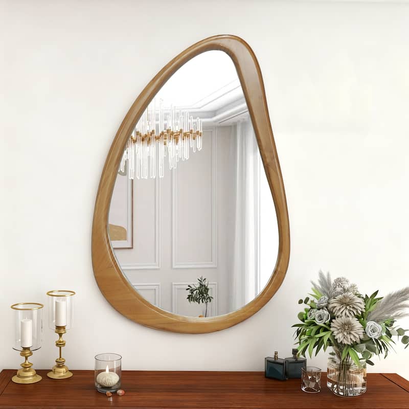 Modern Irregular Teardrop Wooden Wall Mirror - Mid-Century Home Decor for Bathroom, Bedroom - Natural Wood