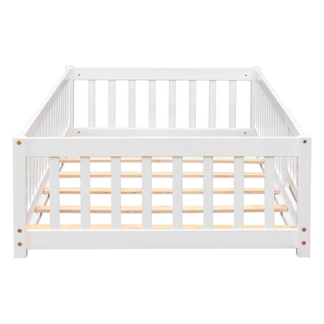 Twin/Full/Queen size Floor Platform Bed with Fence and Door for Kids, Toddlers