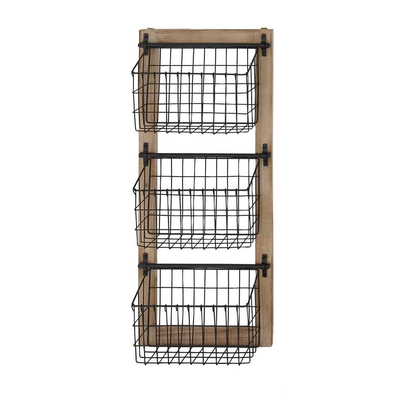 Black Metal 3 or 2 Slot Magazine Rack Holder with Wood Frame and Suspended Wire Baskets