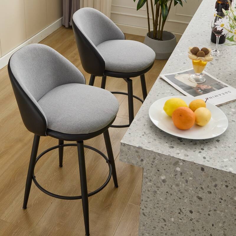 26" Swivel Leather Bar Stools Set of 2, Counter Height PU Leather / Linen Fabric Upholstered Barstool with Metal Legs