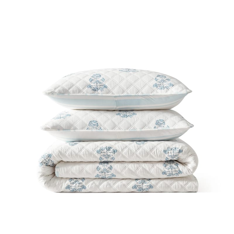 Martha Stewart Flower Block Print Cotton Reversible Blue Quilt Set