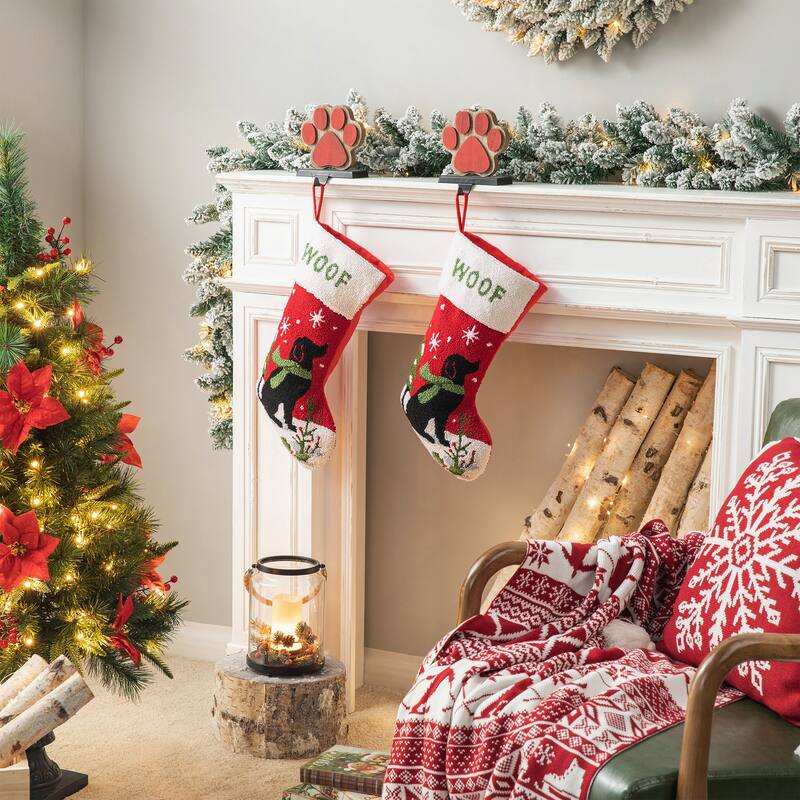 Glitzhome Christmas Wooden/Metal LED Snowman Paw Stocking Holders with Stockings Mantel Ornament