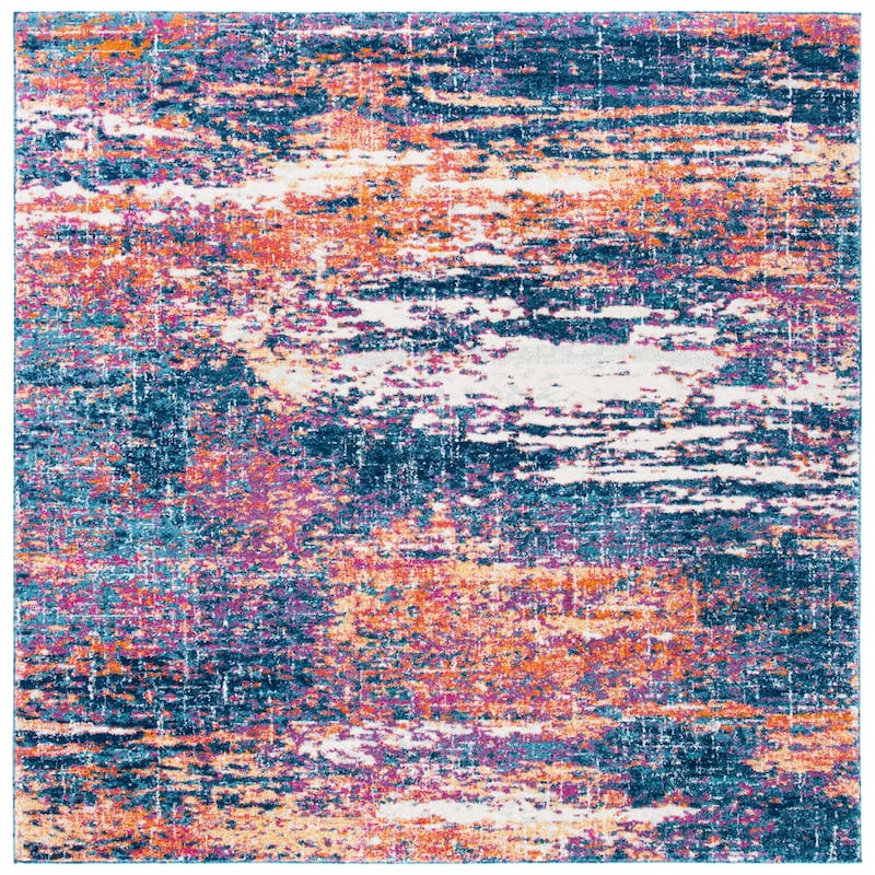 SAFAVIEH, Evoke Yukako Modern Abstract Distressed Rug - 6'7" Square - Navy/Orange