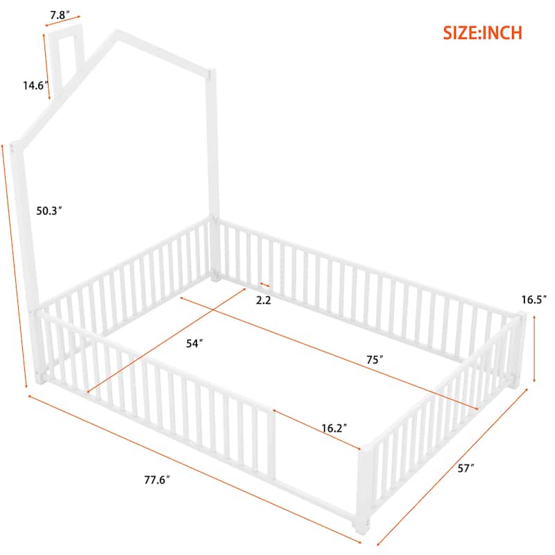 Full Size Metal Platform Bed with Safety Guardrails And Chimney Design