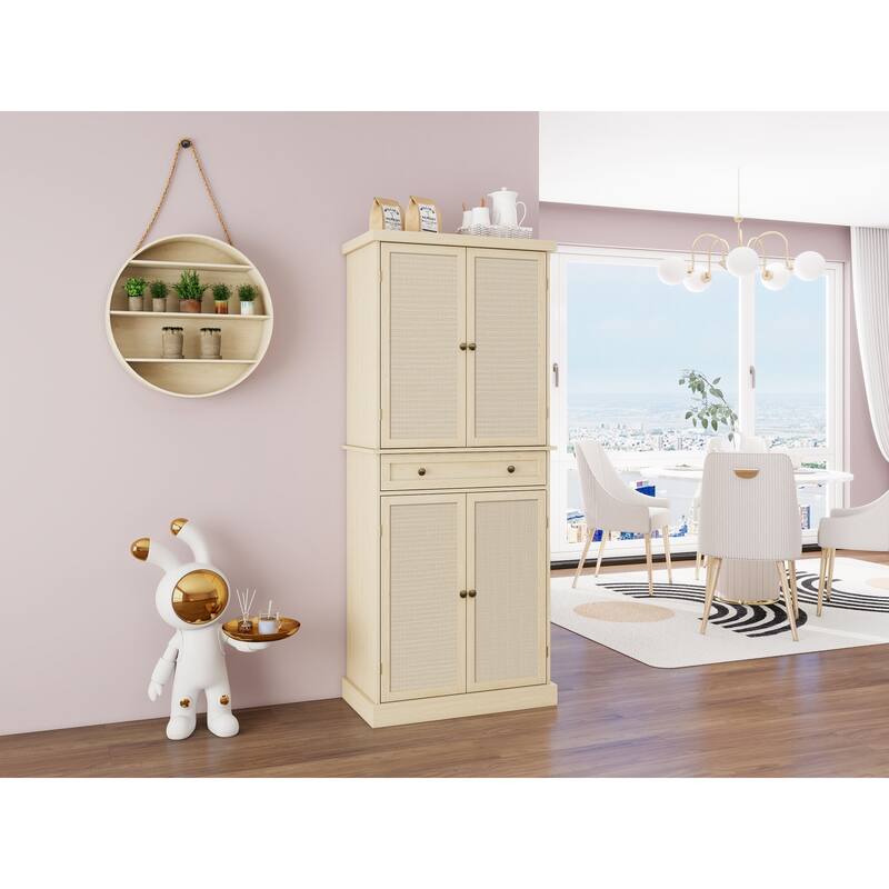 Pantry Cabinet with 4 Rattan Doors & 1 Drawer, Buffet Cabinet with Adjustable Shelves, Freestanding Wooden Storage Cabinet