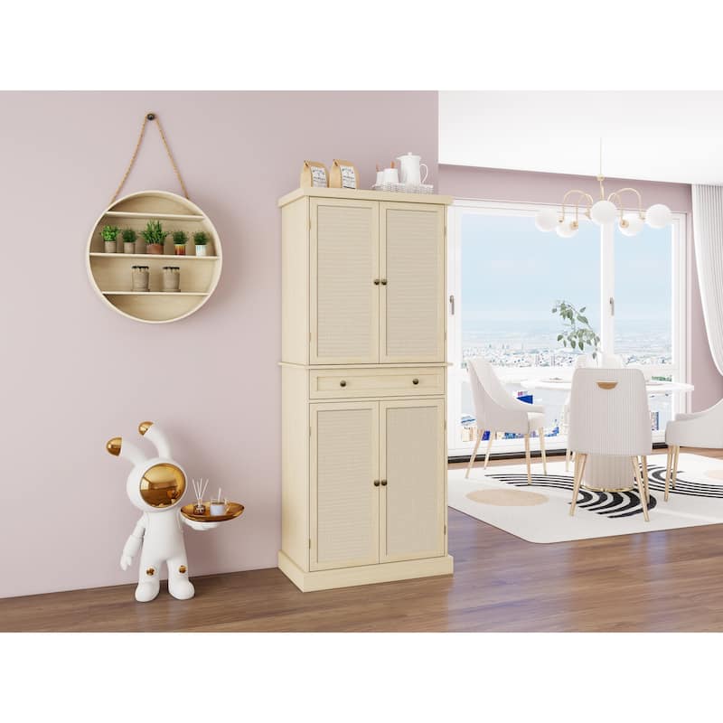 Roomfitters 4 Door Storage Cabinet with 1 Drawer, Adjustable Shelves Pantry Cupboard for Living Room, Natural