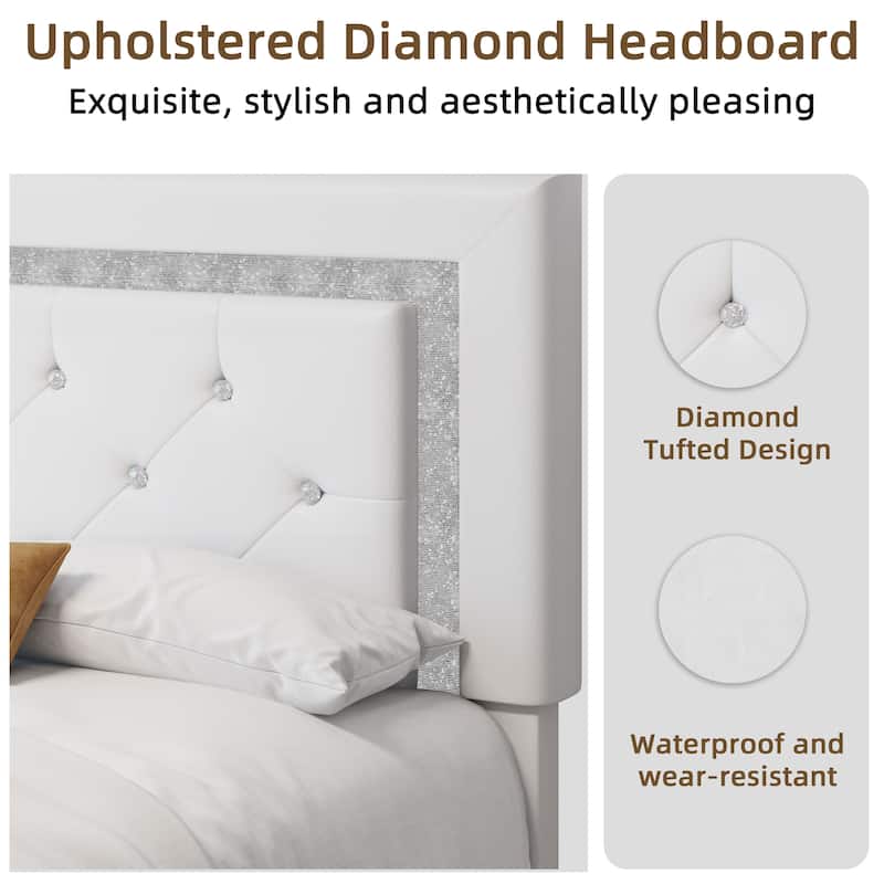 Queen Size Bed Frame with Headboard, Floating Bed Frame with LED Lights, Upholstered Platform Bed with Diamond Tufted Headboard