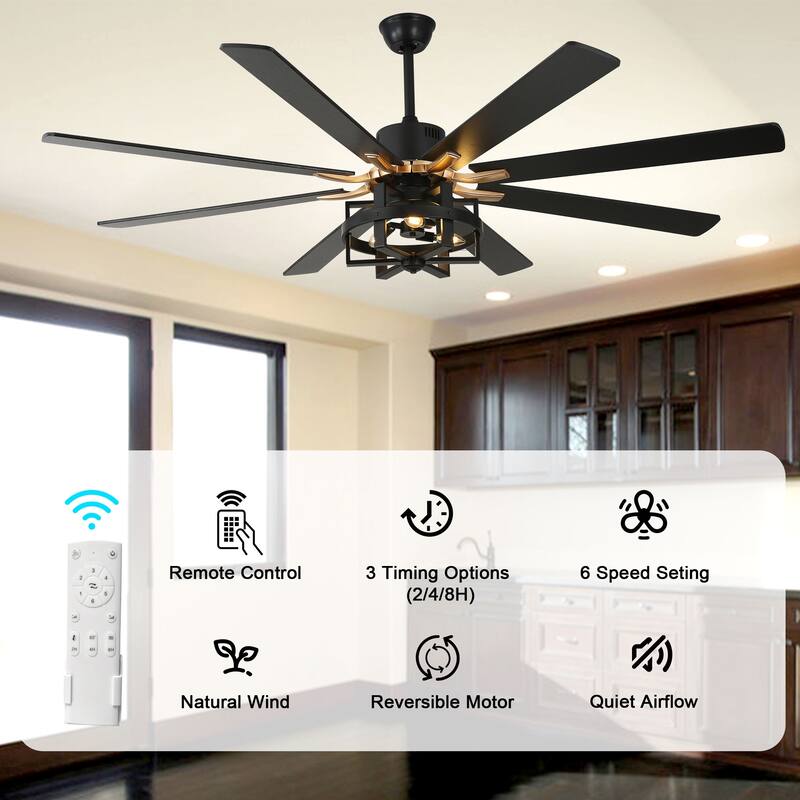 Bella Depot 65" Industrial Large Ceiling Fan 6-Speed 8-blades Reversible Fan with Light and Remote