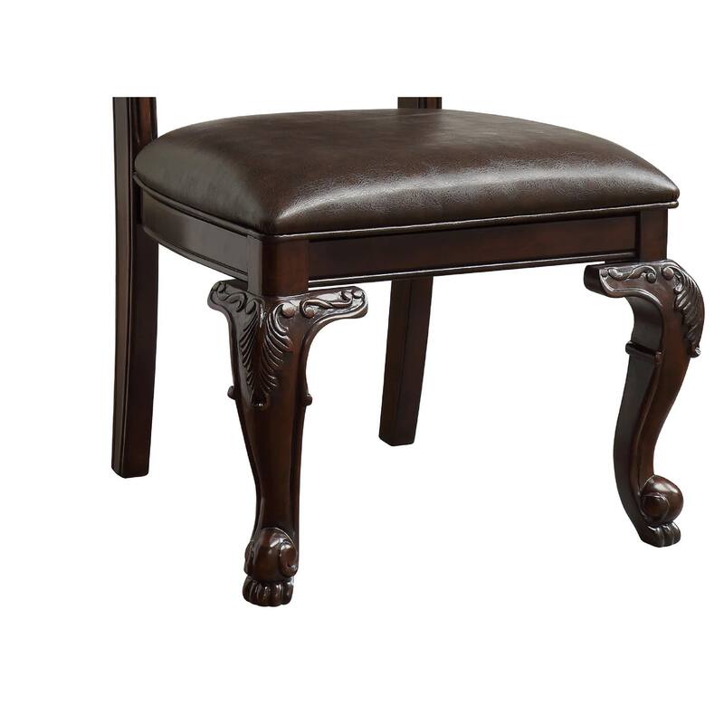 Hand Carved Dining Side Chair with Faux Leather Padded Seat and Button Tufting