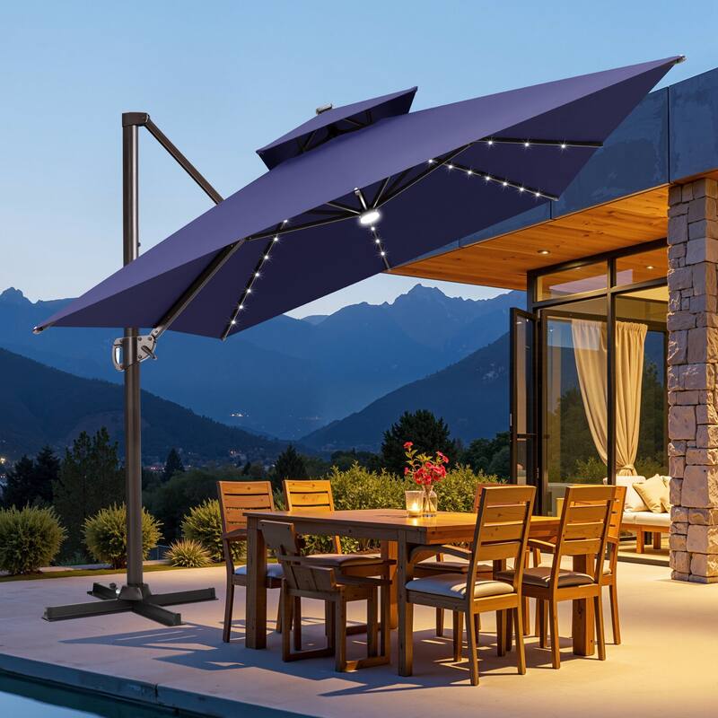 10 FT x 13 FT Outdoor Rectangular Solar LED Lighted Double Top Patio Cantilever Umbrella - Navy Blue
