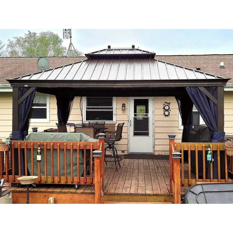 PURPLE LEAF Hardtop Aluminum Gazebo with Curtains and Netting, Double Roof Patio Gazebo