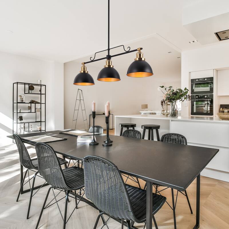 Modern 3-Light Black Gold Linear Chandelier Bowl Metal Kitchen Island Pendant Lighting for Dining Room - 34.5"L x 8"W x 11"H