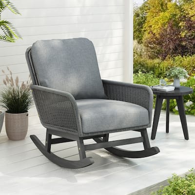 Contemporary Minimalist Gray Wicker Rocking Chair with Soft Polyester Cushions and Durable Wooden Frame