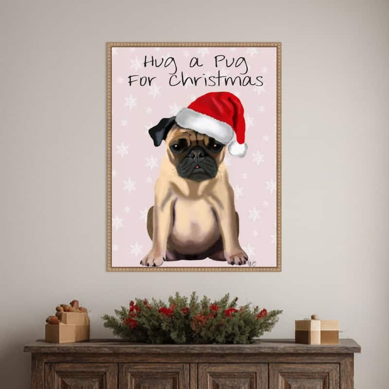 Hug a Pug by Fab Funky (23 x 30 in.), Framed Canvas Wall Art Print - Sylvie Beaded Rustic Natural