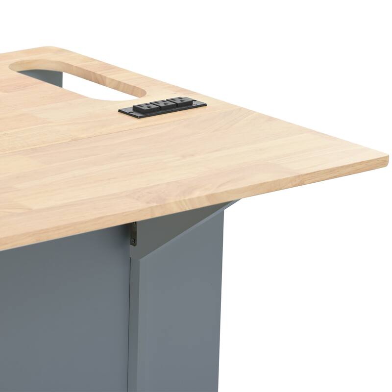 Kitchen Storage Island with Power Outlet and Adjustable Storage, Wooden Spice Cabinet with Drop Leaf, Rubber Wood and Wine Rack