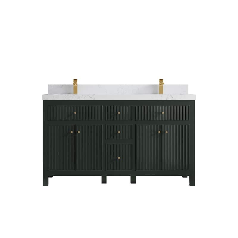 Willow Collections 60 in W x 22 in D Sonoma Free Standing Reeded Double Sink Bathroom Vanity with Countertop - 2" Empira White - Dark Forest Green