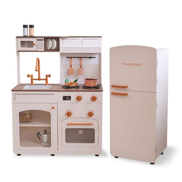 slide 2 of 18, Teamson Kids Wooden Pretend Play Kitchen with Sink, Oven, Modular Fridge, and 14 Pcs Accessories for Age 3-5 Toddlers Orange