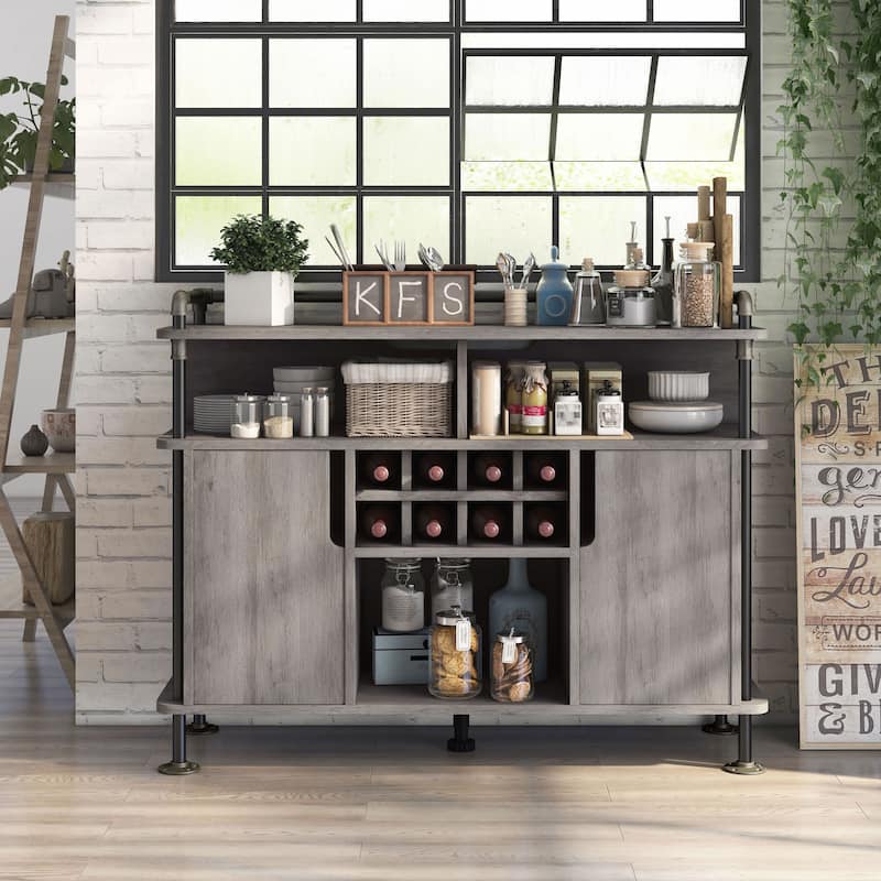 DH BASIC Rustic Iron 7-Shelf and 8-Bottle Wine Cabinet by Denhour - Vintage Grey Oak